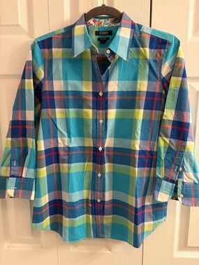 Chaps Women’s Teal Blue and Lime Plaid Button-Down Shirt